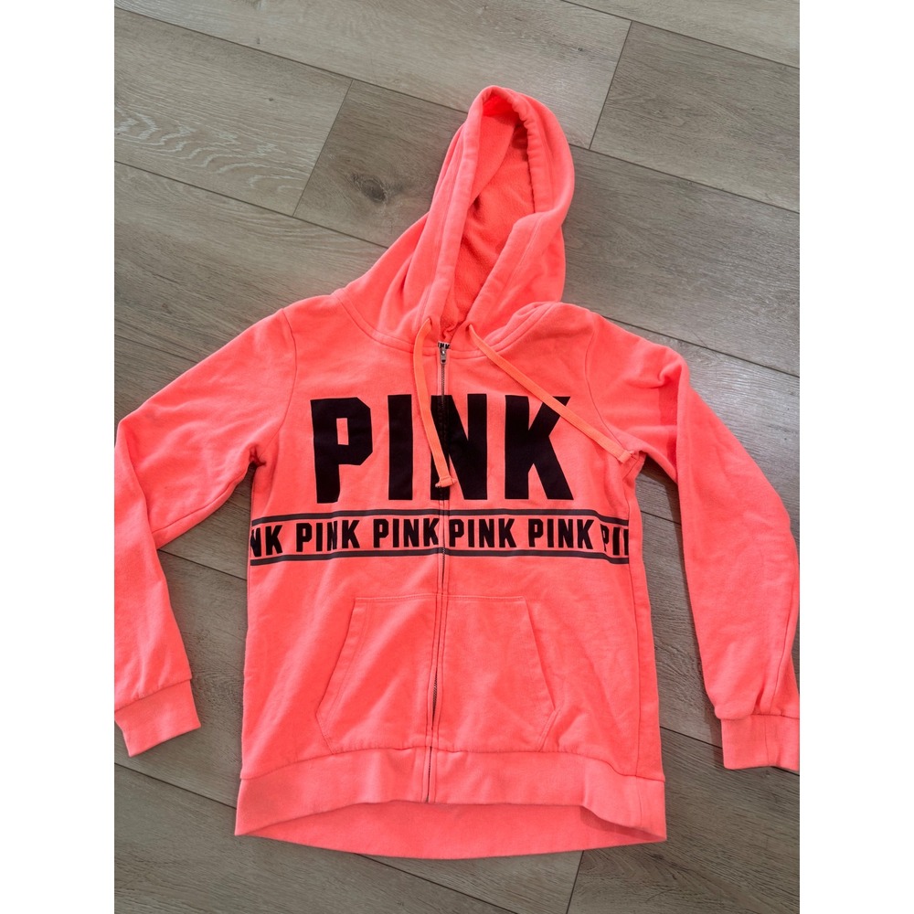 PINK Victoria's Secret Full Zip Hoodie Womens Medium Neon Coral Logo Logo 283